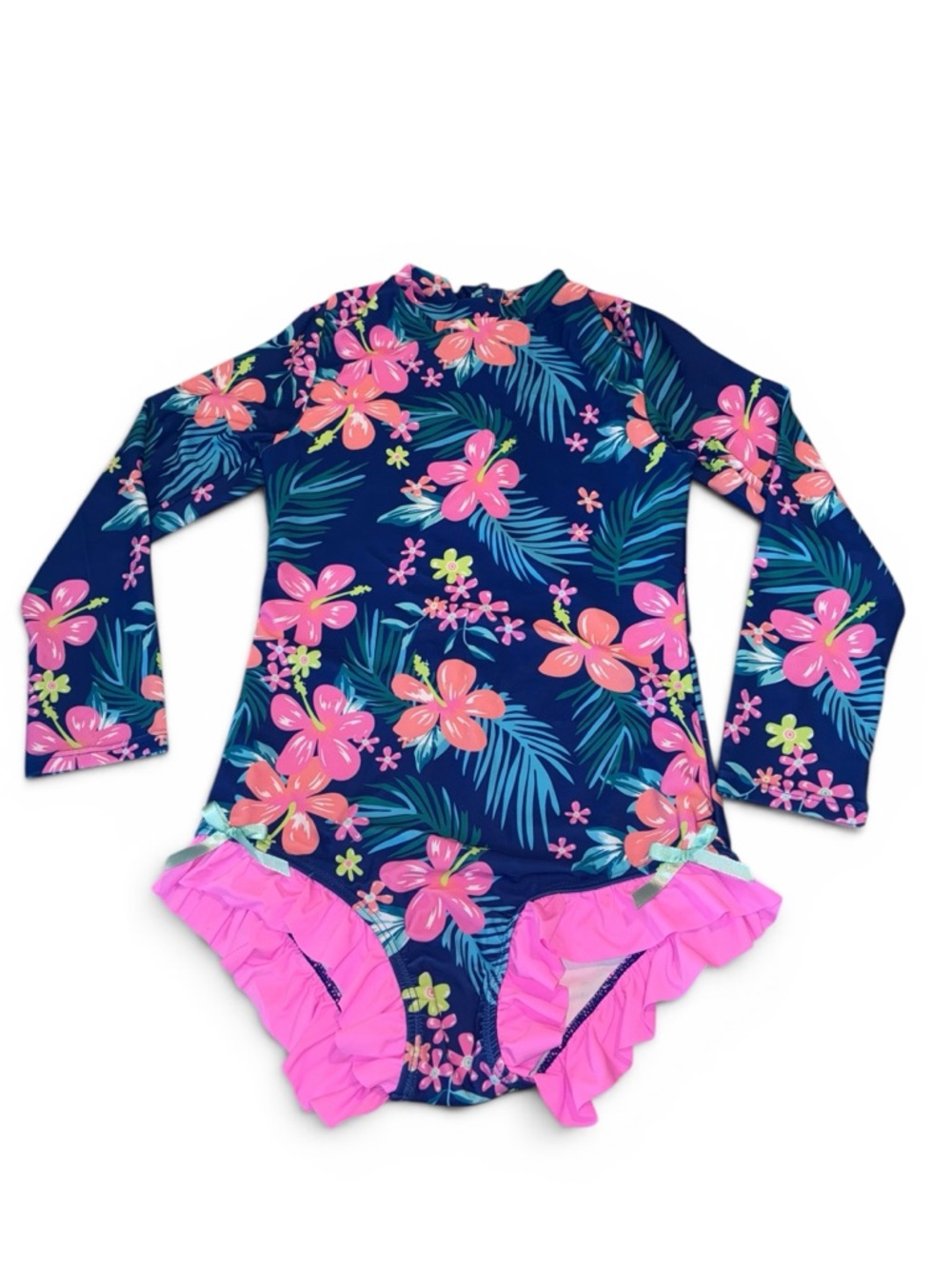 Kids Long-Sleeve Floral Ruffle One-Piece Swimsuit - Navy & Pink